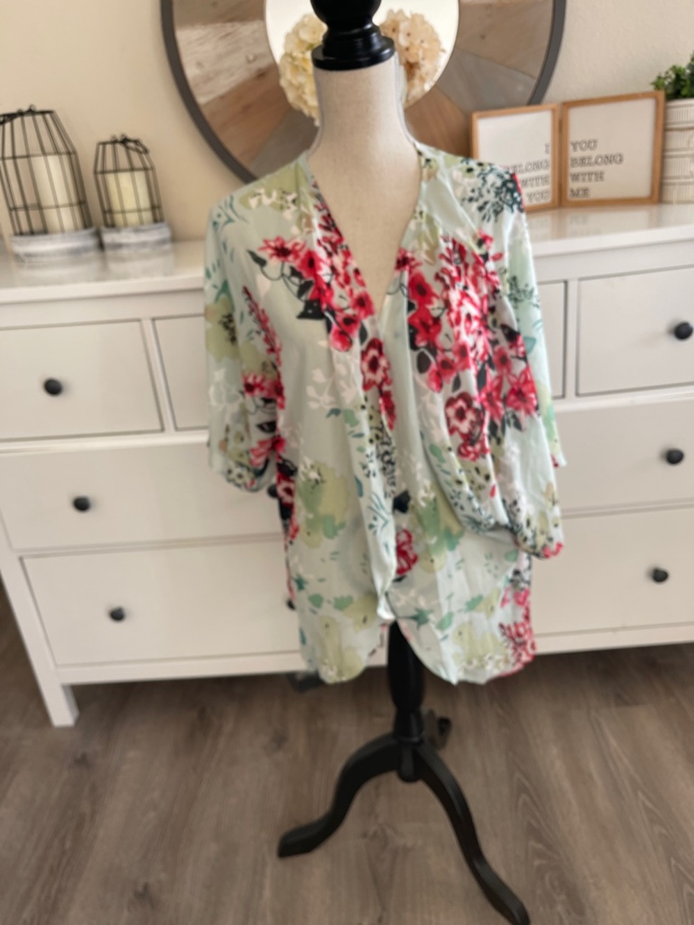 Floral Kimono Cardigan in Mint with Pink & Red Blooms